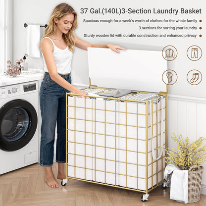 90L Laundry Basket with Wheels, Large Capacity Laundry Hamper with Removable Liner Bags, Heavy Duty Laundry Sorter with Solid Wood Lid & Leather Handles, Grey