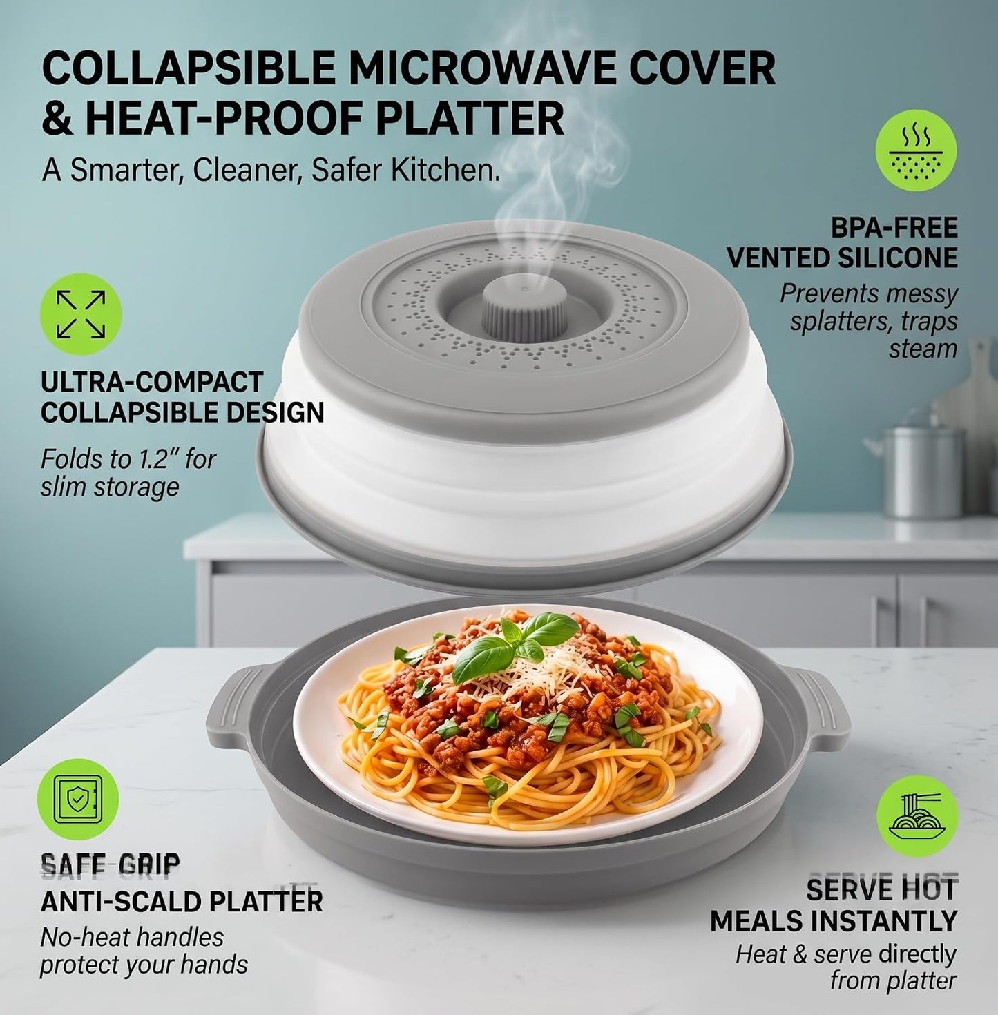Anti-Scald Splatter Cover, Collapsible Vented Lid & Base, Fits 11" Plates | BPA-Free, Dishwasher Safe, Steam Vents for Even Heating. Collapsible Design for Easy Storage. Ideal for Meal Prep & Reheating