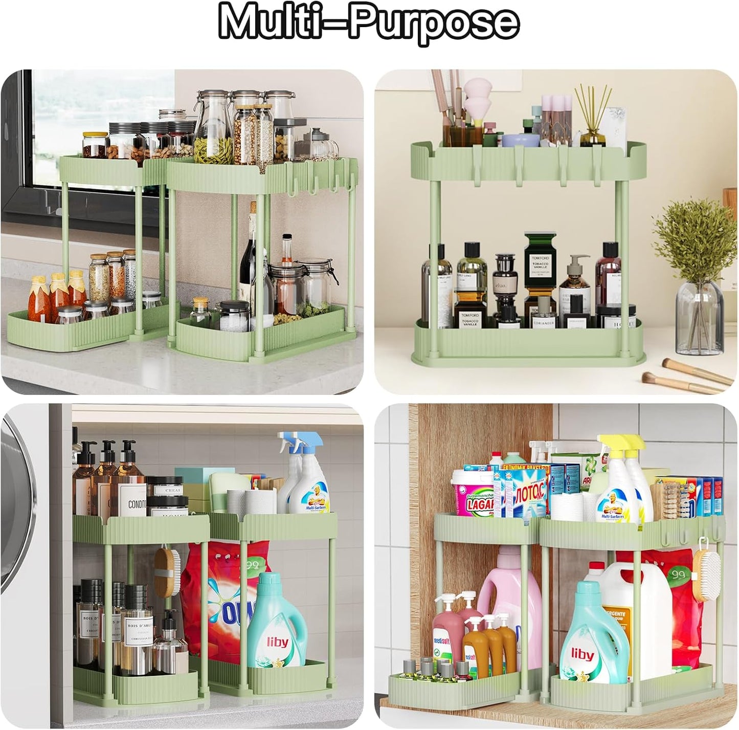 2 Packs Under Sink Pull-Out Storage Organizers, 12.8 Inches, Black | Multi-Purpose Cabinet Organizers and Storage for Bathroom & Kitchen