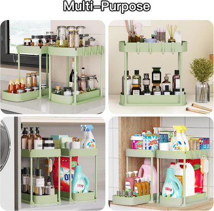 2 Packs Under Sink Pull-Out Storage Organizers, 12.8 Inches, Black | Multi-Purpose Cabinet Organizers and Storage for Bathroom & Kitchen