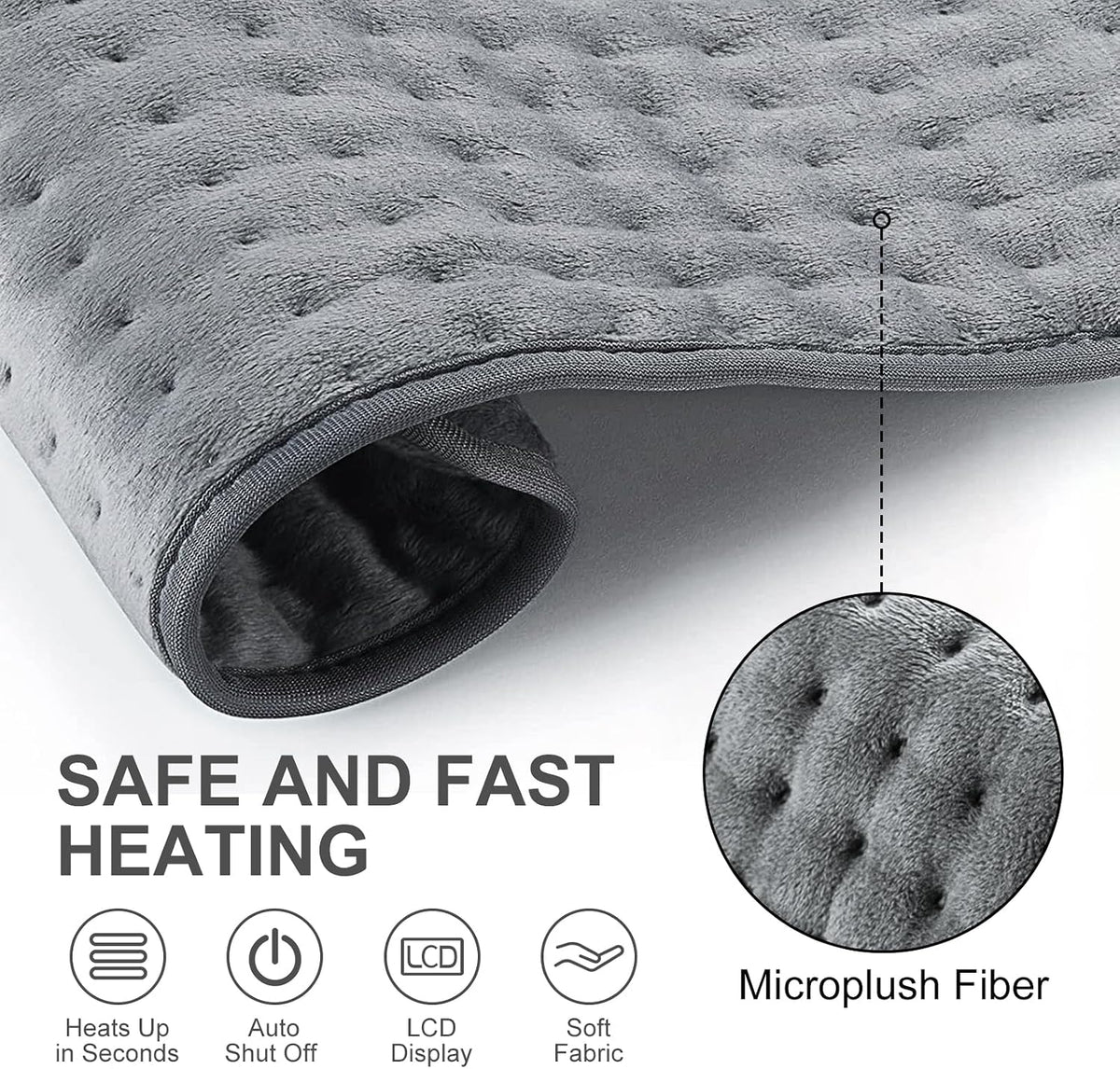 Heat Pad for Back Pain Relief Electric Heating Pads with 6 Temperatures Soft Detachable Heat Pad for Man Women (Gray)