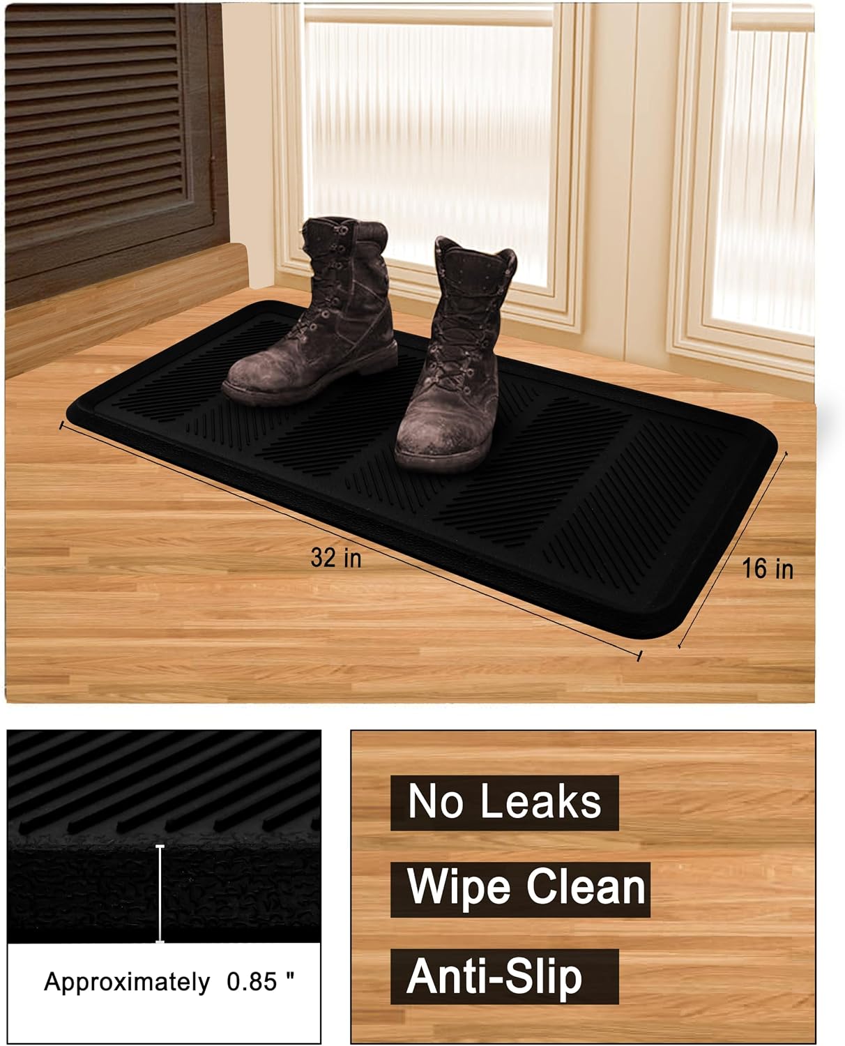 Croft&Cane Rubber Boot Tray - Black 16x32 inch Large Waterproof Shoe Tray | Heavy Duty Big Foot Indoor Outdoor Boot Mat with Raised Edges - Slip Resistant Entryway Garage Pet Feeding Multi-Purpose Mat
