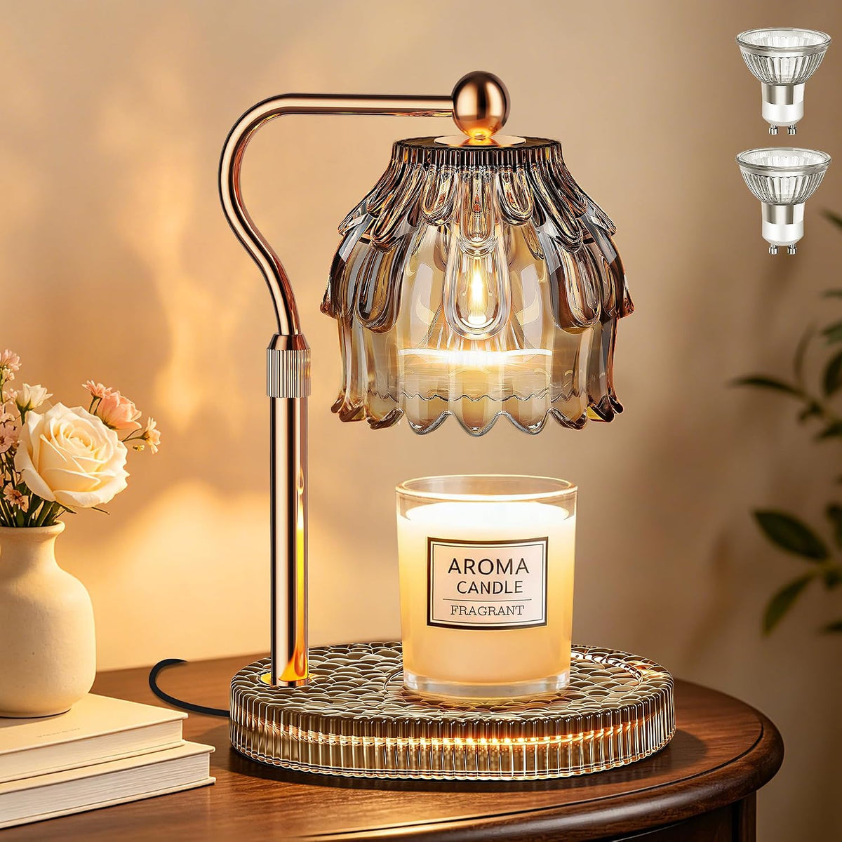 Candle Warmer Lamp with Timer Dimmer, Modern Wax Warmer for Scented Wax Jar Candle Warmer with 2 Bulbs, Adjustable Height Glass Lamp for Gifts for Women, Home Decor, Gold Amber