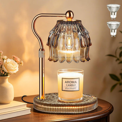 Candle Warmer Lamp with Timer Dimmer, Modern Wax Warmer for Scented Wax Jar Candle Warmer with 2 Bulbs, Adjustable Height Glass Lamp for Gifts for Women, Home Decor, Gold Amber