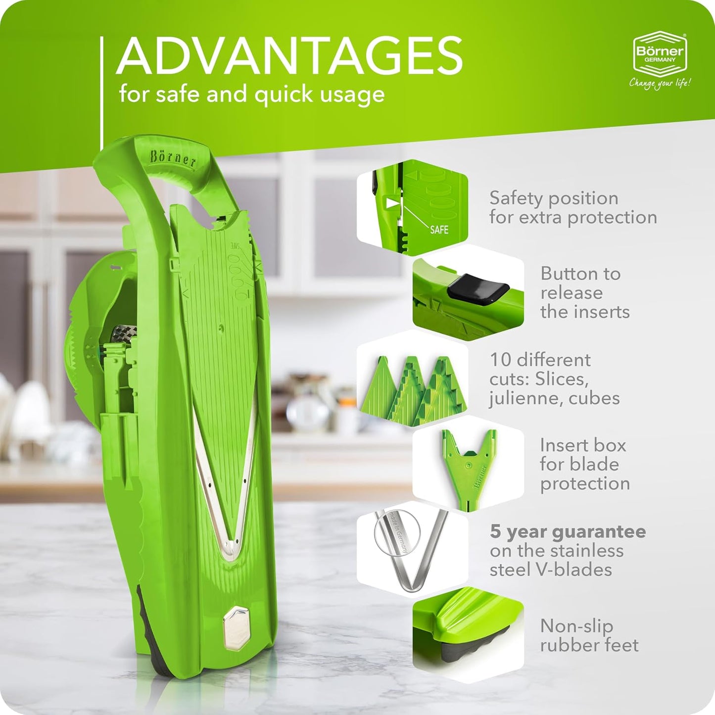 Mandoline Food Slicer Börner V5 (Starter Set) by Reston Lloyd • V-Slicer with Food Holder • Made in Germany • Fruit & Vegetable Chopper • Multiple Settings • Color: White