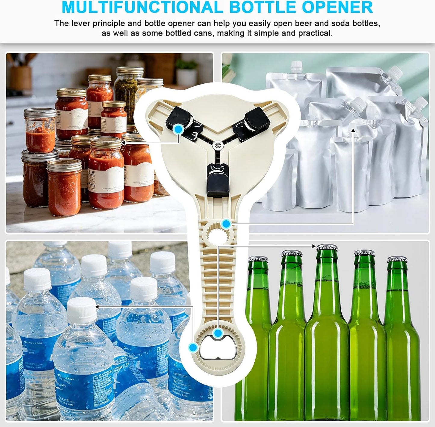 Jar Opener for Seniors& Weak Hands, 4-in-1 Non-Slip Bottle Opener | For weak hands & arthritis. Opens jars, twist-off caps, beer bottles & sauce pouches. Ergonomic, compact kitchen helper.