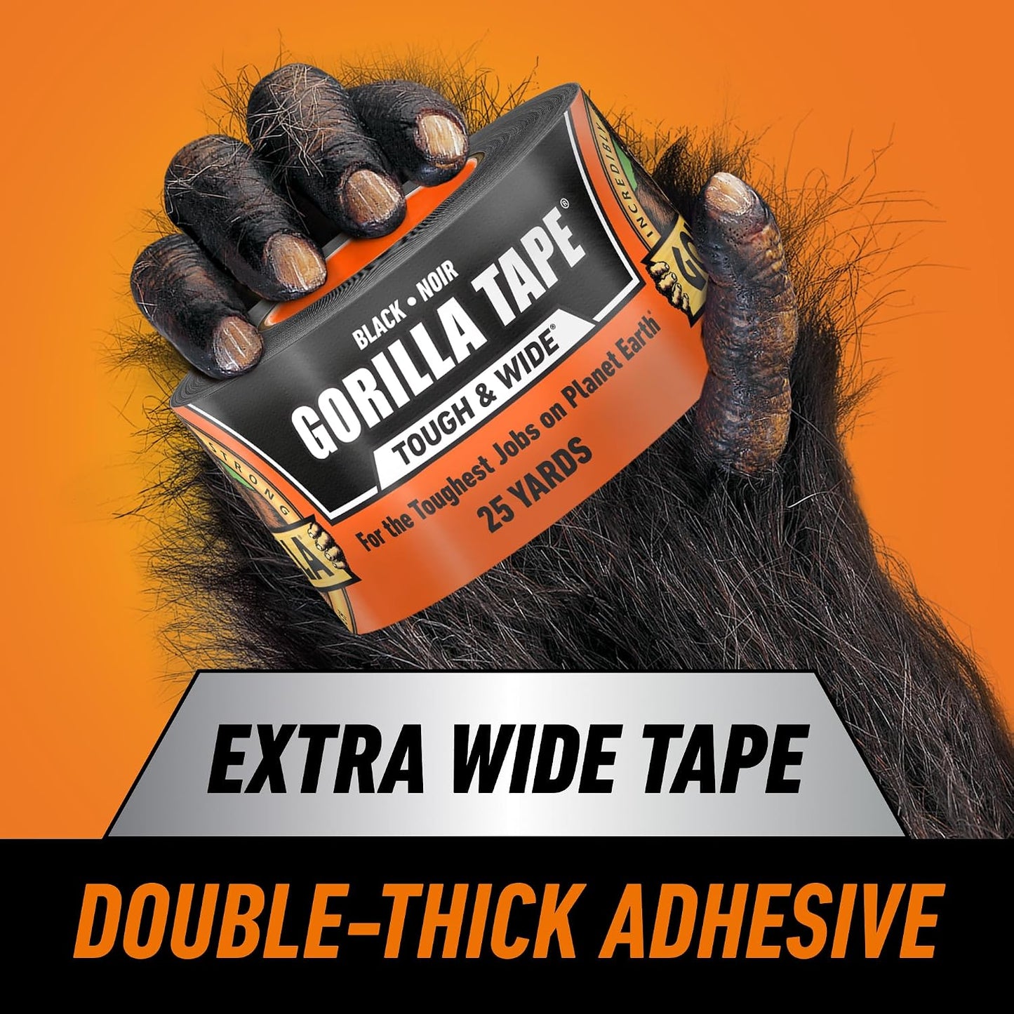Gorilla Tough & Wide Heavy Duty Duct Tape, Black, 2.88" x 25 yd, 1-Pack | Weather Resistant, Indoor & Outdoor Use, Double-Thick Adhesive, Reinforced Backing, Hand-Tearable