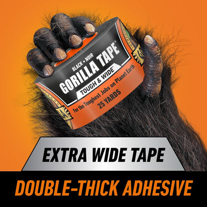 Gorilla Tough & Wide Heavy Duty Duct Tape, Black, 2.88" x 25 yd, 1-Pack | Weather Resistant, Indoor & Outdoor Use, Double-Thick Adhesive, Reinforced Backing, Hand-Tearable