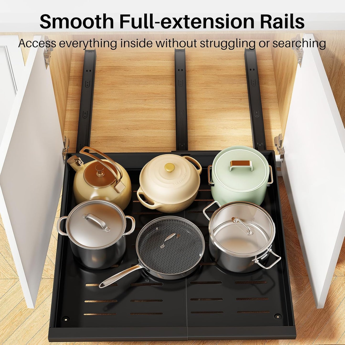Pull out Cabinet Organizer, 1-Pack Expandable(13.6"-24") Silde out Drawers with Raising Pad for Framed Cabinets, Adjustable Full-Extension Adhesive Roll out Shelves for Kitchen Pantry Home Pot and Pan