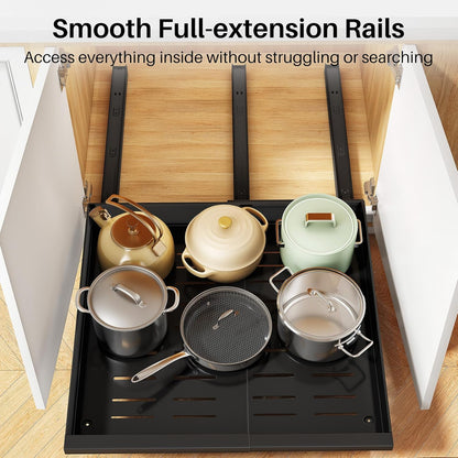 Pull out Cabinet Organizer, 1-Pack Expandable(13.6"-24") Silde out Drawers with Raising Pad for Framed Cabinets, Adjustable Full-Extension Adhesive Roll out Shelves for Kitchen Pantry Home Pot and Pan