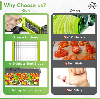 Vegetable Chopper 16 in 1 with Container, Veggie Chopper Food Chopper and Dicer, Onion Chopper Vegetable Cutter with 8 Stainless Steel Blades, Easy Meal Prep Kitchen Tool, Green