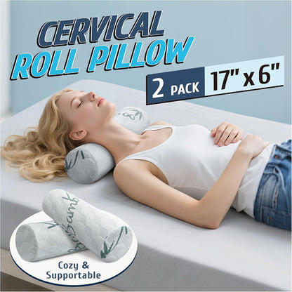 Cervical Roll Pillow, Cylinder Neck Pillow with Removable Washable Cover | 2 Pack Round Bolster Pillow for Neck, Back, Leg, and Knee Support, 5" x 17"