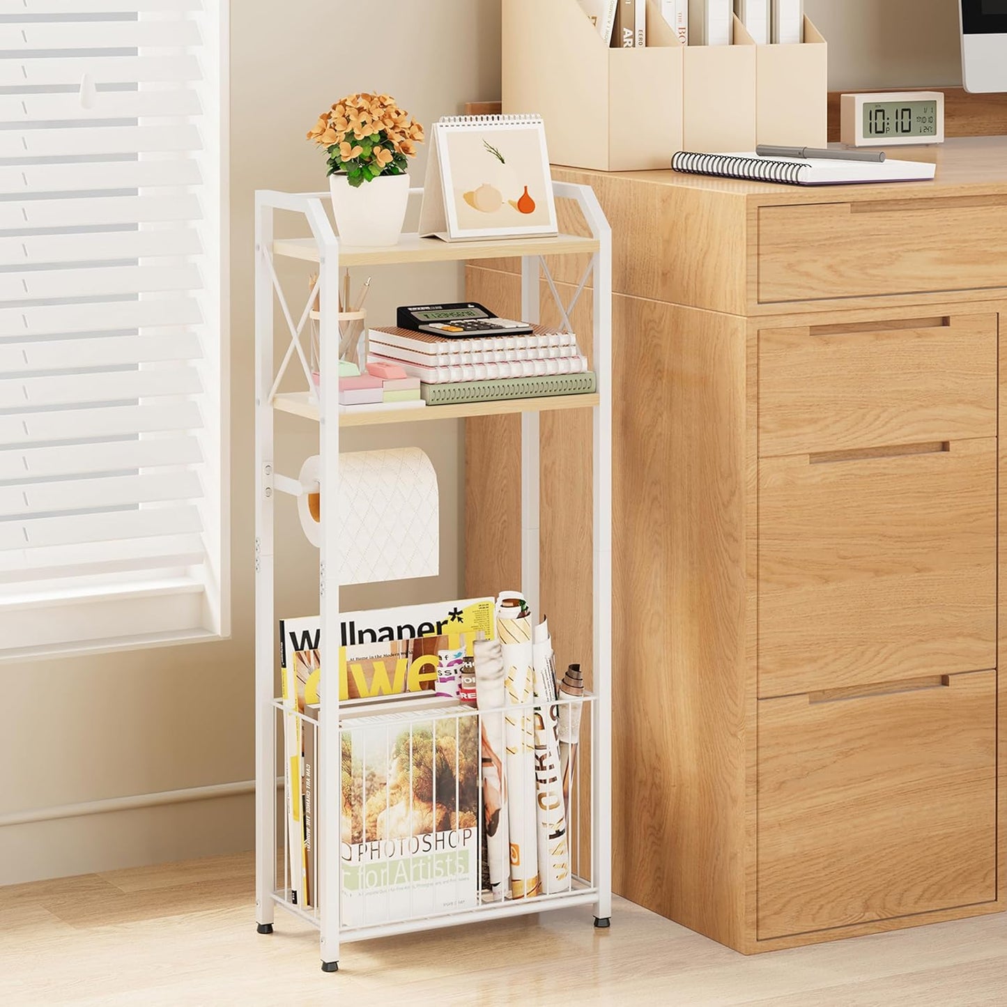 HapiRm Freestanding Toilet Paper Holder - 4-Tier Bathroom Tissue Organizer with Wood Shelves and Large Basket, Toilet Paper Holder Stand for Bathroom, Laundry Room, Apartment - Black（Large）