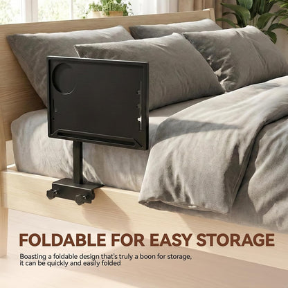 Bedside Shelf Rotating Foldable Tray:Height-Adjustable Clip On Bed Side Tray Table, Tray Table with Sturdy Metal Pole,Fits Bed Frames 0.7"-2.7" Wide for Dorms, Apartments, Bedrooms,Dorm Essentials