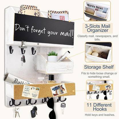 Key Holder for Wall Mount with Shelf and Mail Organizer, Key and Mail Holder with 16 Hooks, Farmhouse Entryway Organizer, Home Decor Rack (Pine Wood, White Washed)
