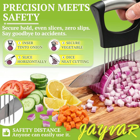 JAYVAR Onion Holder for Slicing, 304 Stainless Steel | 10 Long Needles, Vegetable Chopper, Food Slicing Guide, Multi-Purpose Cutter for Tomato Potato