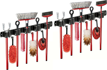 SUS304 5 Racks and 4 Hooks Mop and Broom Holder Wall Mount | Heavy Duty Self Adhesive Solid Non-slip Broom Organizer Storage Tool Racks for Home Kitchen Garden Laundry Garage