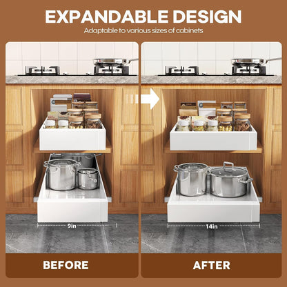 Seinloes 2Pack Expandable Pull Out Cabinet Organizer 21"Deep With Raising Pad for Framed Cabinets, Upgrade 3 Slide Rails Slide Out Drawers, Roll Out Shelves Adhesive,Adjustable Width 12.05"-20.4"White