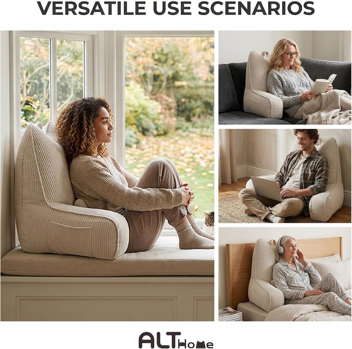 Patented Design Reading Pillow with Arms for Sitting Up, 2-in-1 Bed Rest Pillow with Detachable Lumbar Support, Backrest Support Cushion for Couch with Side Pockets & Handle, Beige Gray