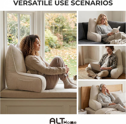 Patented Design Reading Pillow with Arms for Sitting Up, 2-in-1 Bed Rest Pillow with Detachable Lumbar Support, Backrest Support Cushion for Couch with Side Pockets & Handle, Beige Gray