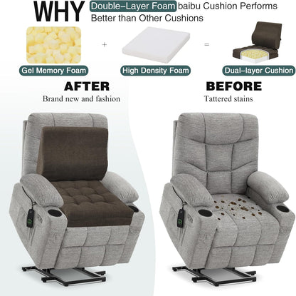 baibu Memory Foam Recliner Cushions with Lumbar Support Pillow Set for Elderly, 20x20x5 Inch Dual-Layer Design Non-Slip Recliner Seat Cushion & Back Support Pillow for Reduce Hip & Lumbar Pain, Brown