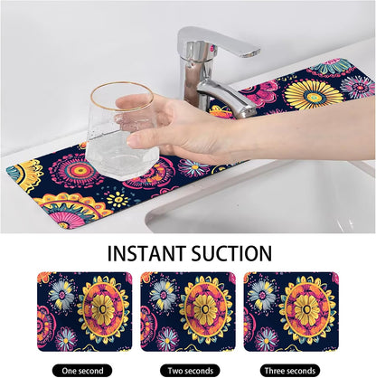 Bimkole 2 PCS Faucet Absorbent Mat, Kitchen Faucet Sink Splash Guard Wraparound Cloth Pads Drip Catcher for Sink Faucet for Kitchen Bathroom Faucet, Colorful Faucet Mat, 15 x 4 Inch Flower A6