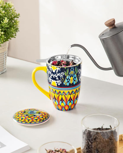 vancasso 18 Oz Tea Infuser Mug with Lid, Mint Petal Whirl | Eye catching Bohemian pattern, adds charm to any tea corner, ceramic mug with infuser, microwave and dishwasher safe