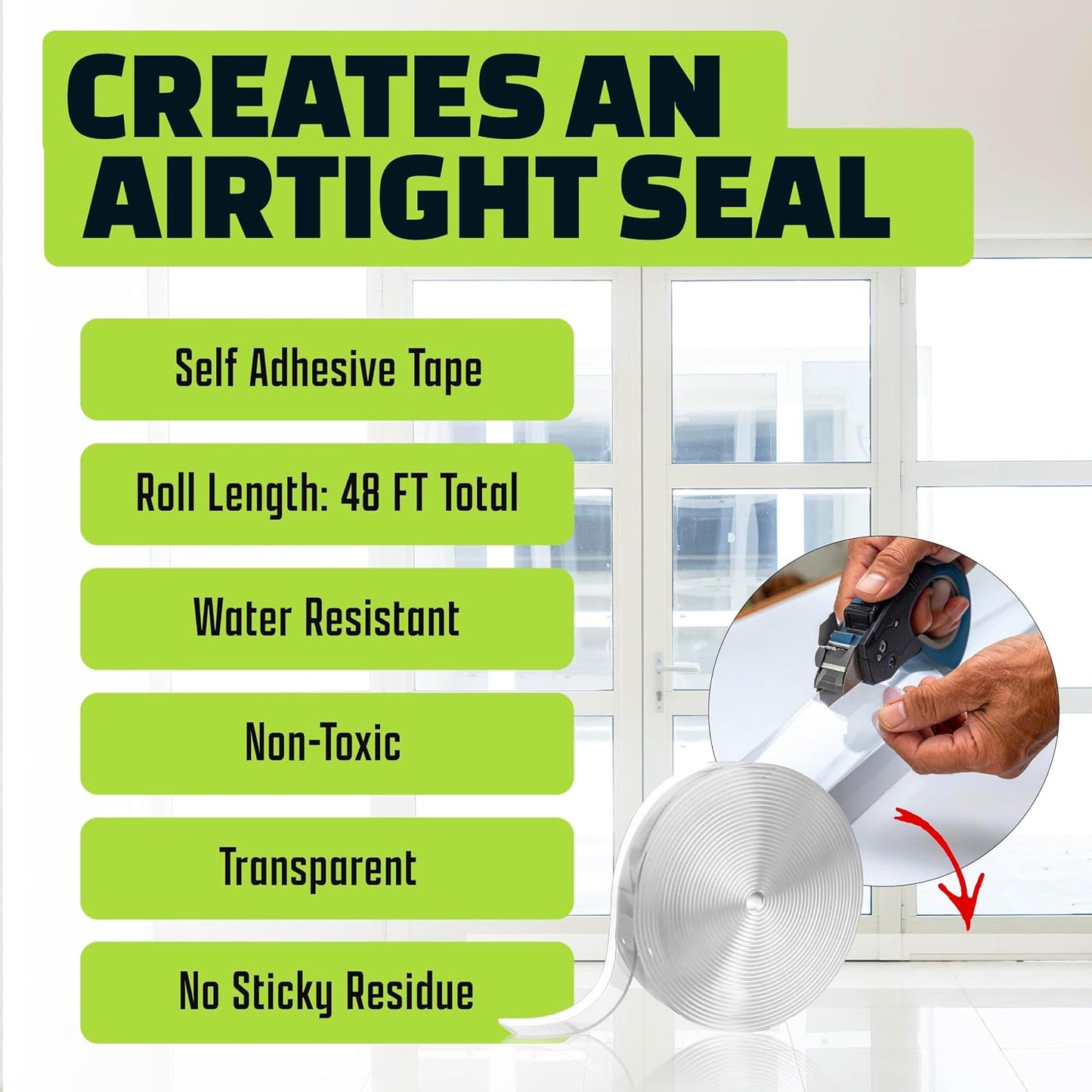 Alien Draft Insulation Tape Transparent Silicone Weather Stripping Door Seal Strip and Under Door Draft Stopper for Windows and Door Bottoms As Seen On TV (20 Feet - 2 Rolls)