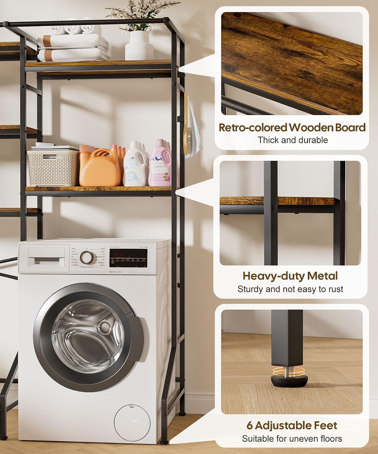 Homde Over The Washer and Dryer Storage Shelf: 5-Tier Heavy Duty | Laundry Room Organizer Standing Shelf with Hanger Rod & Anti-Tip - Space Saving Rust Proof Shelving for Bathroom Balcony