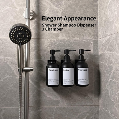 3 Pack Wall Mount Shower Dispenser, No Drill, 16 Waterproof Labels | Shampoo Dispenser for Shower Wall, Shampoo and Conditioner Dispenser, Bathroom, 17oz, Gold Amber