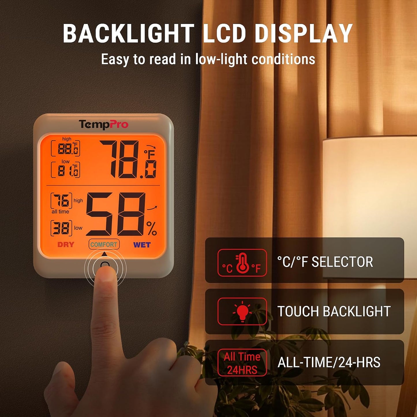TempPro TempAir Digital Hygrometer Indoor Thermometer for Home | Temperature Humidity Sensor with Comfort Indicator & Max Min Records, Backlit Display Room Thermometer Humidity Meter