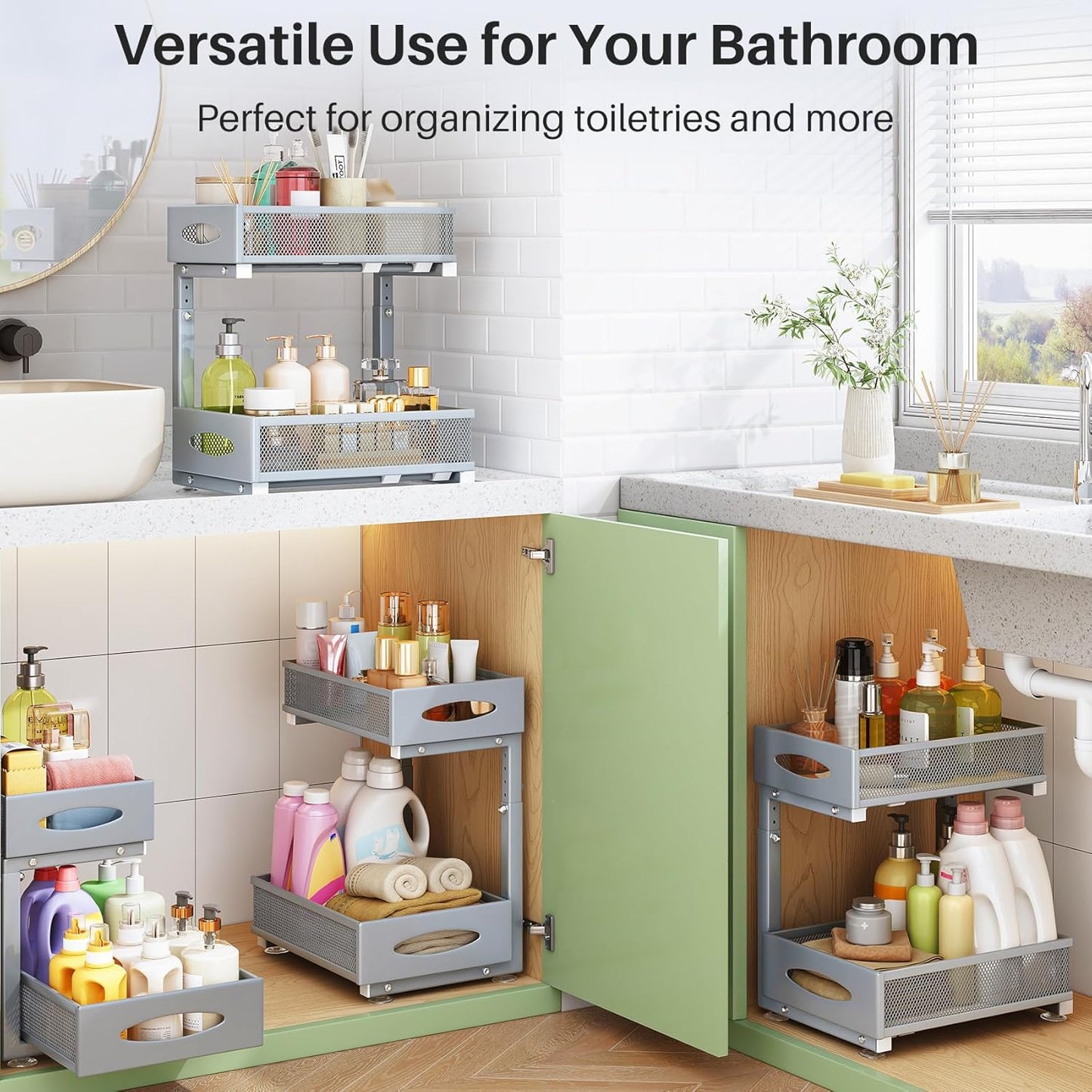 Under Sink Organizer, 2 Tier Pull out Cabinet Organizer Baskets with Mesh Sliding Drawers, Slide out Storage Shelf for Home, Kitchen, Bathroom, Pantry, Office Cabinet, Countertop(1 Pack)