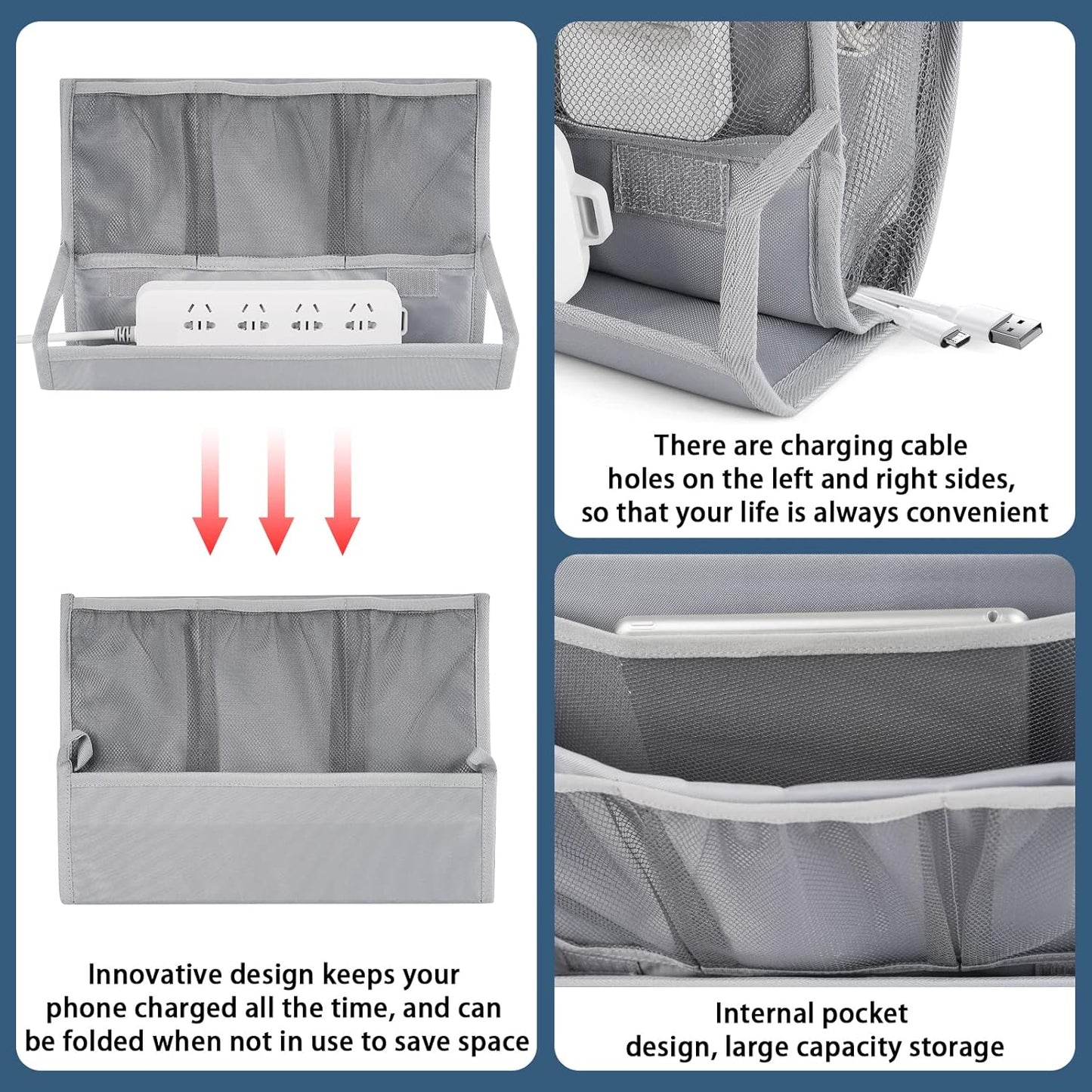 Bedside Caddy Organizer for Dorm Bed Rails with 7 Pockets, Gray | Bed Pockets Bedside Storage with Power Strip Holder & 2 Adjustable Straps for Home, College, Dorm, Hospital Bedside Organizer