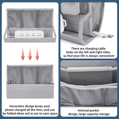 Bedside Caddy Organizer for Dorm Bed Rails with 7 Pockets, Gray | Bed Pockets Bedside Storage with Power Strip Holder & 2 Adjustable Straps for Home, College, Dorm, Hospital Bedside Organizer