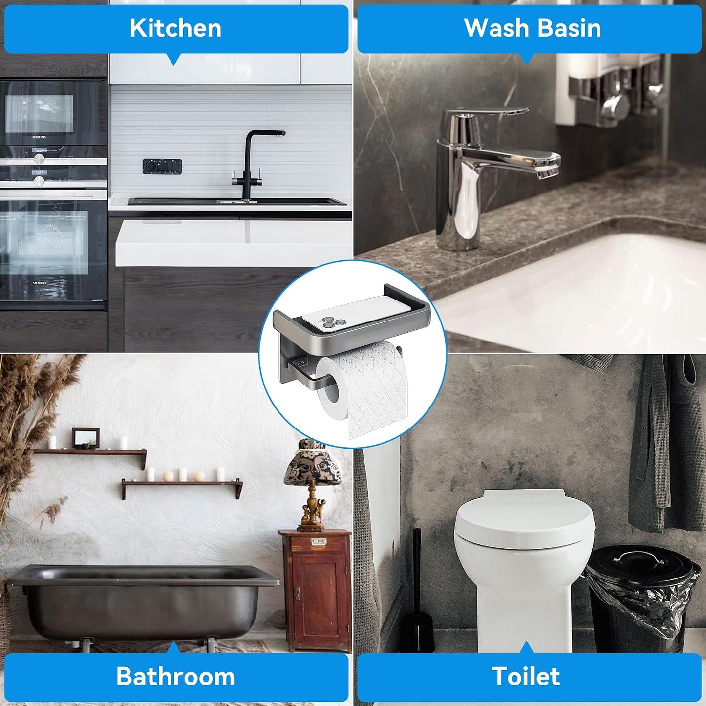 Toilet Paper Holder with Phone Shelf, Adhesive or Screw Wall Mount Toilet Tissue Roll Holder-White