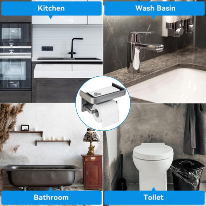 Toilet Paper Holder with Phone Shelf, Adhesive or Screw Wall Mount Toilet Tissue Roll Holder-White
