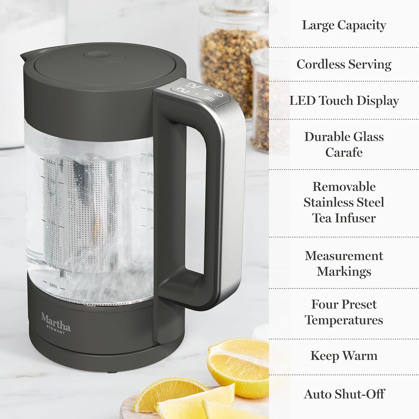 Martha Stewart 1.7L Glass Carafe Electric Kettle with Removable Tea Infuser | 7 Cups, 4 Presets, Rapid Boiling, Stainless Steel Tea Leaf Infuser, Cordless Swivel Base, Keep Warm, Auto Shut-Off, Linen