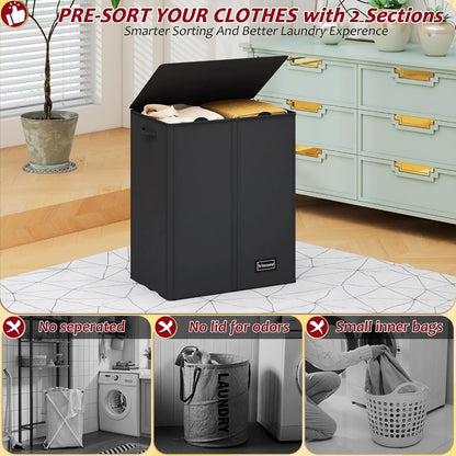 195L Laundry Hamper 3 Section,Large Laundry Hamper with Lid,Dirty Clothes Hamper with 3 Inner Bags,Collapsible Laundry Basket Organizer for Laundry Room,Bedroom,Laundry Sorter Hamper 3 Compartment