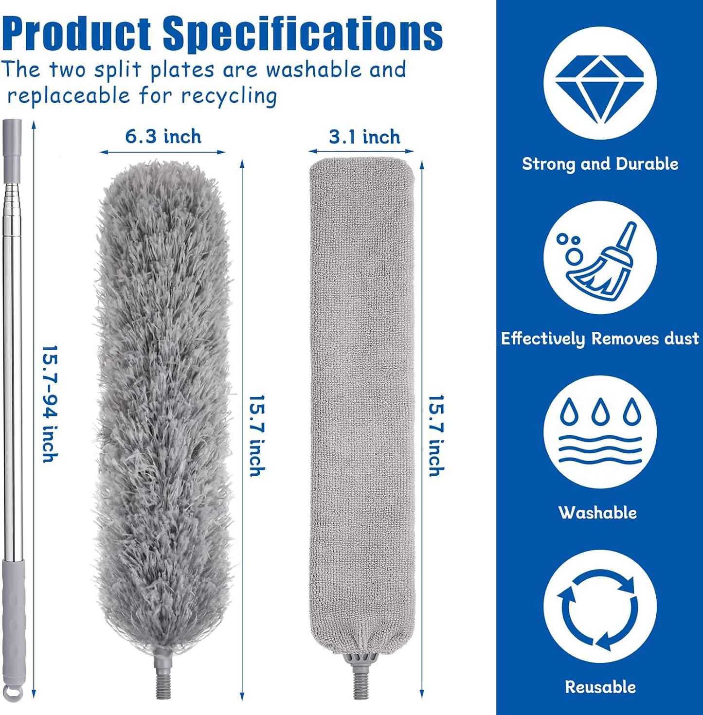 Feather Duster Set (4 Pieces), 30-100 inch Microfiber Retractable Gap Duster for Cleaning Ceilings, Furniture Refrigerators and Under Sofas | Bendable Head for Corner Cleaning, Washable Reusable Duster, Household Tool for Ceiling Furniture Under Sofa