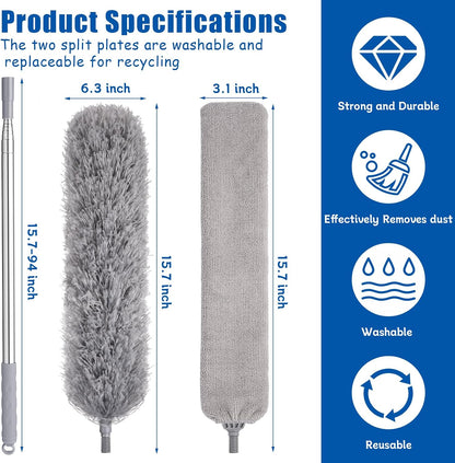 Feather Duster Set (4 Pieces), 30-100 inch Microfiber Retractable Gap Duster for Cleaning Ceilings, Furniture Refrigerators and Under Sofas | Bendable Head for Corner Cleaning, Washable Reusable Duster, Household Tool for Ceiling Furniture Under Sofa