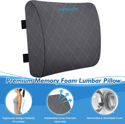 Lumbar Support Pillow for Office Chair, Back Support, Memory Foam, Grey