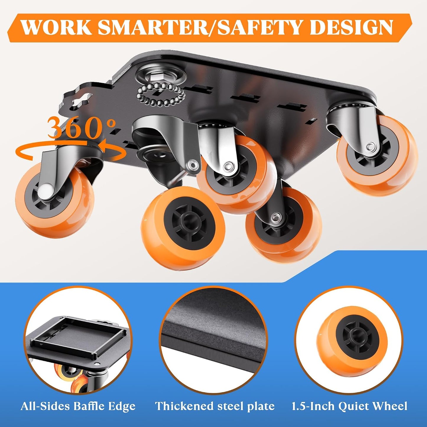 Furniture Movers with Wheels, Upgraded Guardrails for No Slips, Heavy Duty Furniture Dolly, Furniture Sliders with Wheels, Furniture Lifter Tool Included (Orange, 6.3" × 6.3" Pro)
