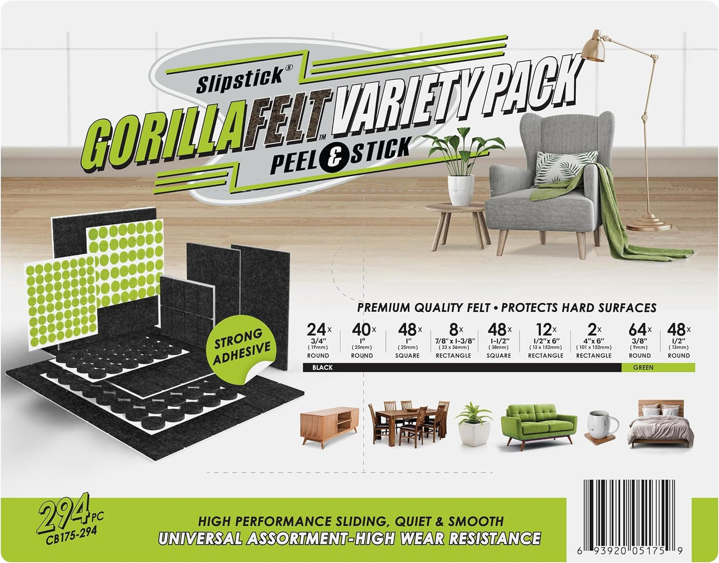 Slipstick Gorilla Felt Furniture Pads (189 Piece Variety Pack) Premium Furniture Pads & Chair Leg Floor Protectors for Hardwood Floors & Hard Surfaces