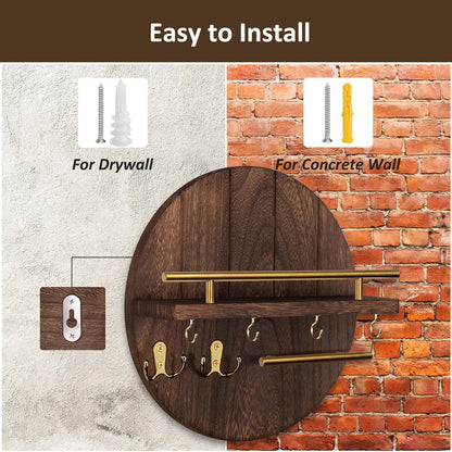 Nekon Key Holder Wall Mount, 11.8” Wood Mail Organizer for Wall, Brown | Round Wall Shelf with 6 Key Hooks, Rustic Key and Mail Holder, Key Hanger for Entryway Hallway Kitchen