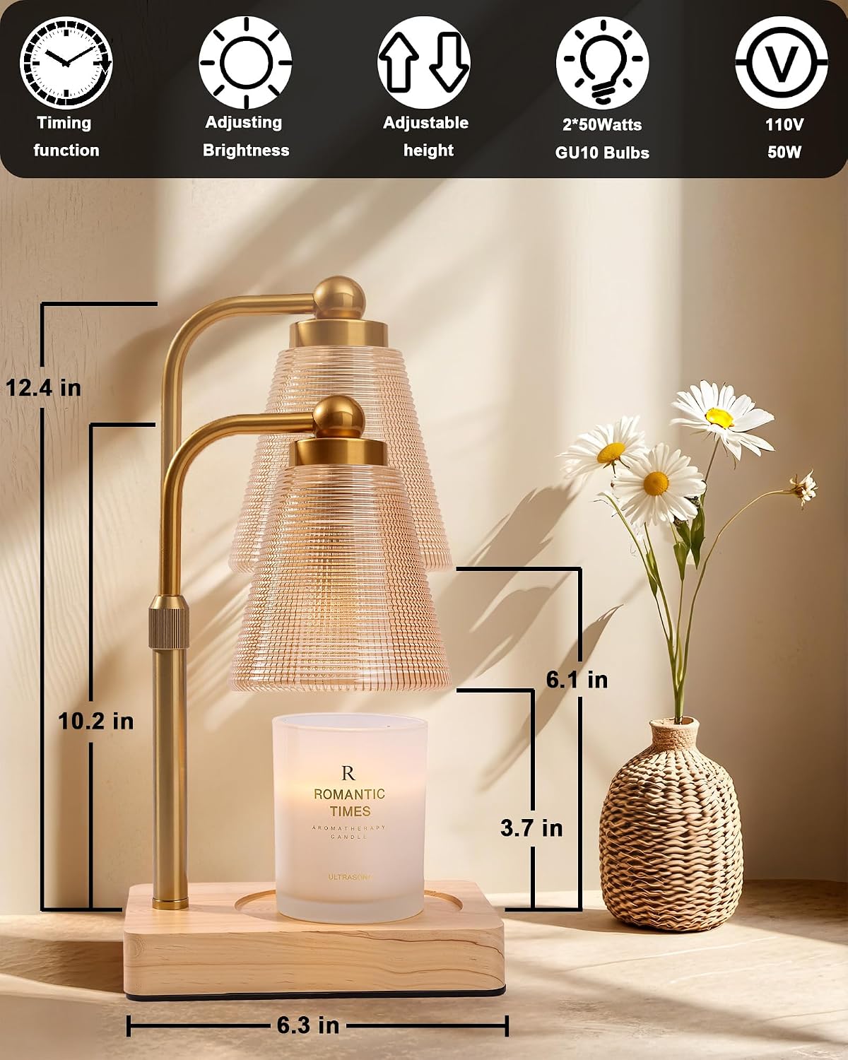 Candle Warmer Lamp with Timer, Dimmable, Adjustable Height, Oval | 2 bulbs included, no flame needed, 1-year warranty, farmhouse or modern decor, for bedroom, kitchen, living room, gifting