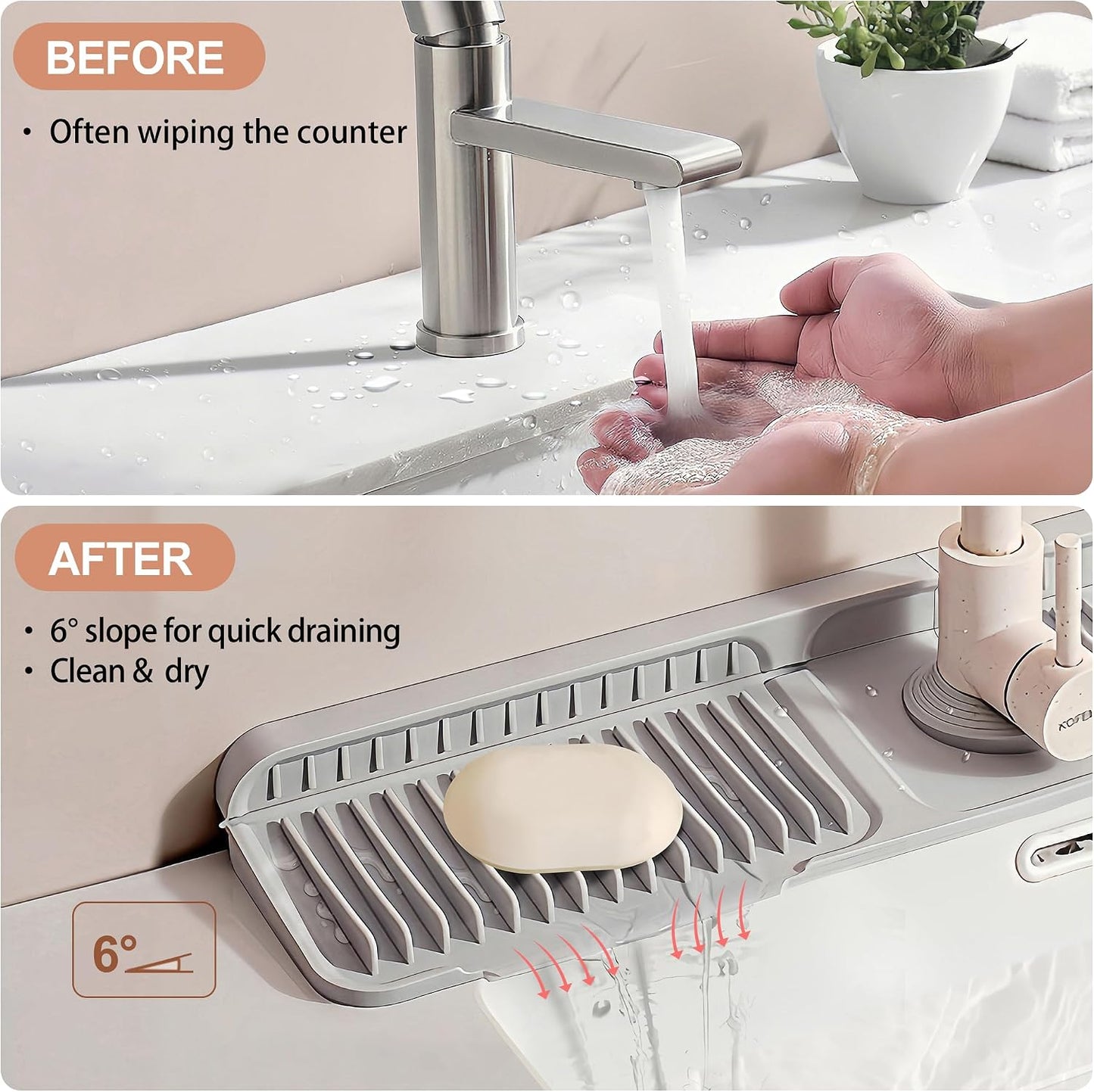 18 inch Silicone Faucet Mat for Kitchen Sink - 6° Slope & Fasten Button Design, Quick-Dry Splash Guard Water Catcher Behind Faucet, RV/Bathroom Safe (Gray)
