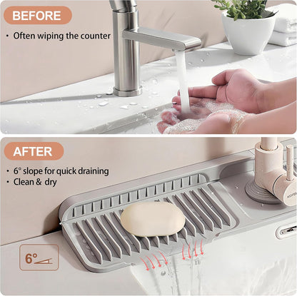 18 inch Silicone Faucet Mat for Kitchen Sink - 6° Slope & Fasten Button Design, Quick-Dry Splash Guard Water Catcher Behind Faucet, RV/Bathroom Safe (Gray)