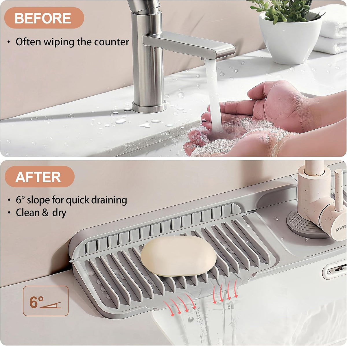 23.6 inch Silicone Faucet Mat for Kitchen Sink - 6° Slope & Fasten Button Design, Quick-Dry Splash Guard Water Catcher Behind Faucet, RV/Bathroom Safe (Gray)