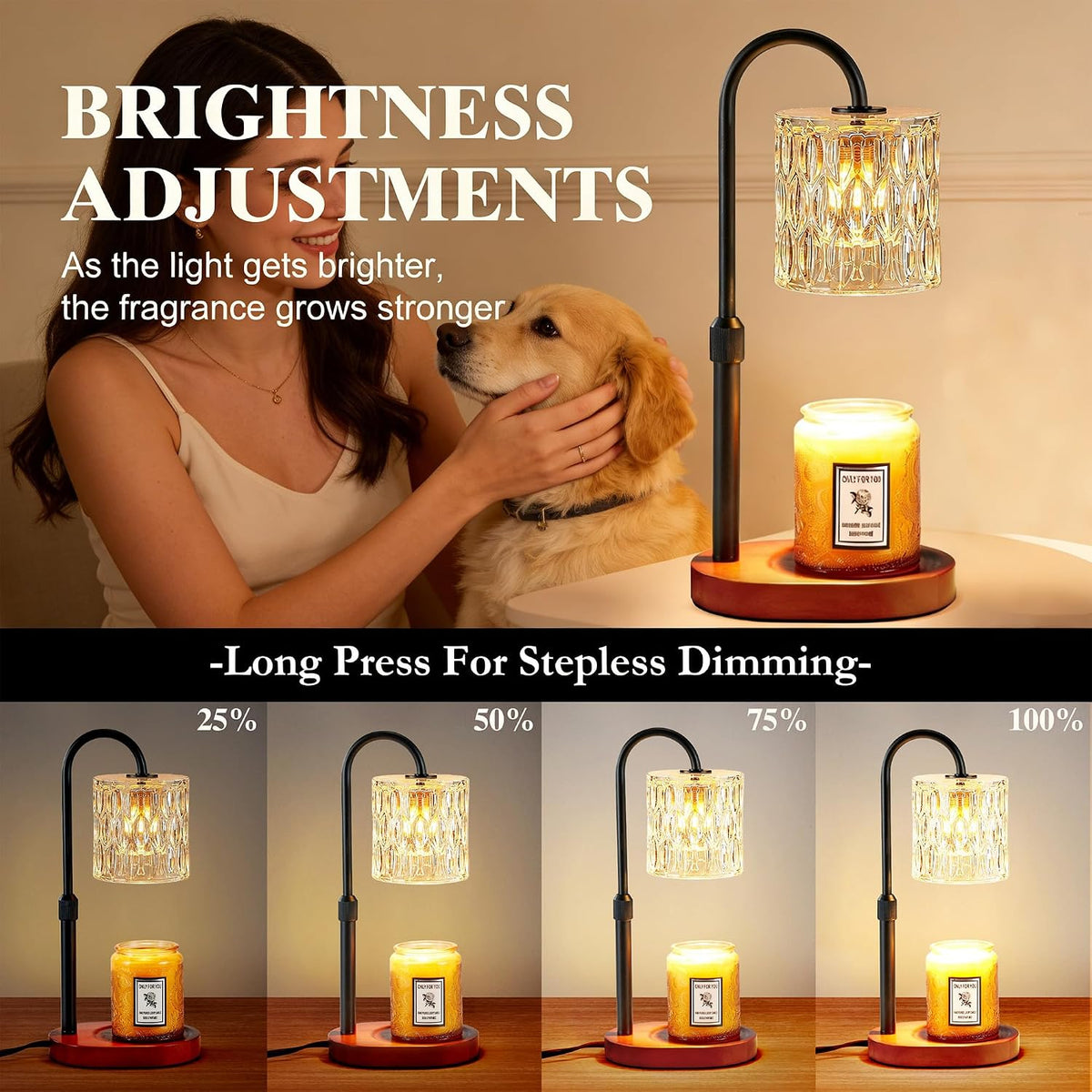 Dreamholder Electric Candle Warmer Lamp with Timer, Dimmable Candle Lamp with Adjustable Height, Wax Melter for Jar Candles Wood Base Floral Home Decor Gifts for Women Mom, Silver Glass