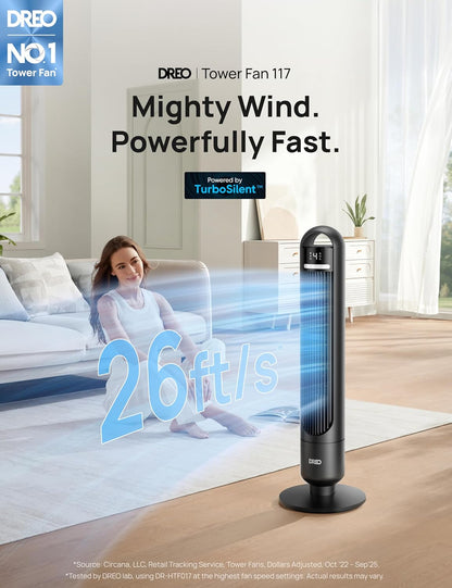 DREO Tower Fan for Bedroom, 26ft/s Velocity, 90° Oscillating, 8H Timer